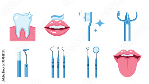 Comprehensive set of dental care and oral hygiene icons including a toothbrush, tools, a tooth, and clean mouth.