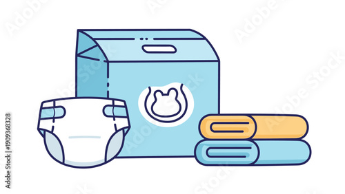 Essential baby care products including a disposable diaper, a package of wet wipes, and a stack of clean towels.