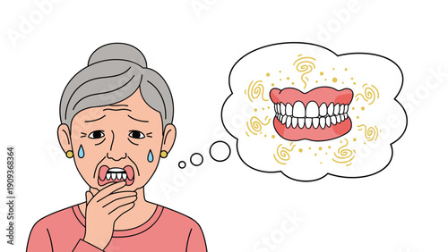 Elderly woman feeling distressed while thinking about her dentures and oral health problems in a thought bubble.