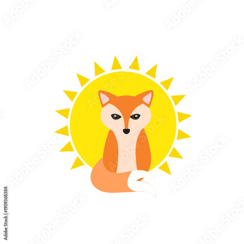 Cute cartoon fox illustration sitting in front of a bright yellow sun circle with rays isolated on a white background