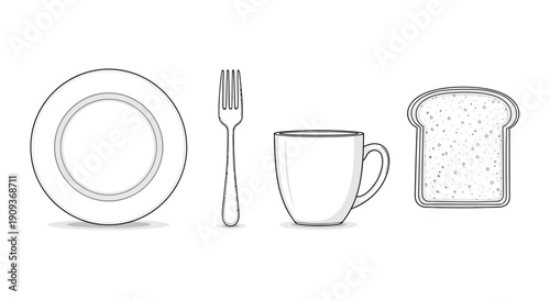 Breakfast Set: Plate, Fork, Mug, and Toast Slice - Simple Line Art Illustration