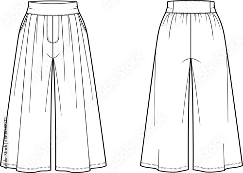 Fashion Technical Sketch of Women's Wide Leg Trousers with High Waist, Flat Garment Drawing Template for Apparel Design Vector Graphic