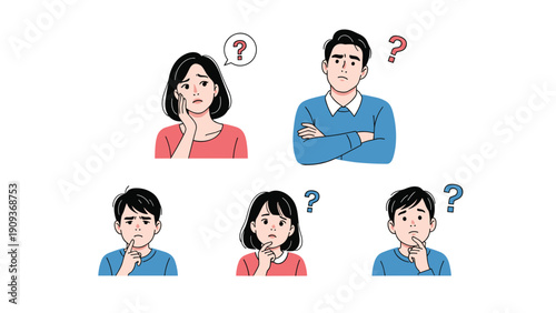 Group of diverse people of different ages expresses confusion and uncertainty with question marks floating above their heads.