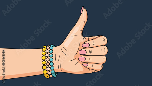 Confident thumbs up gesture is made by a woman with pink manicured nails and colorful beaded bracelets against a dark backdrop.
