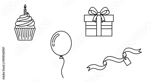 Birthday Party Icons: Cupcake, Balloon, Gift Box, Ribbon with Tag - Line Art