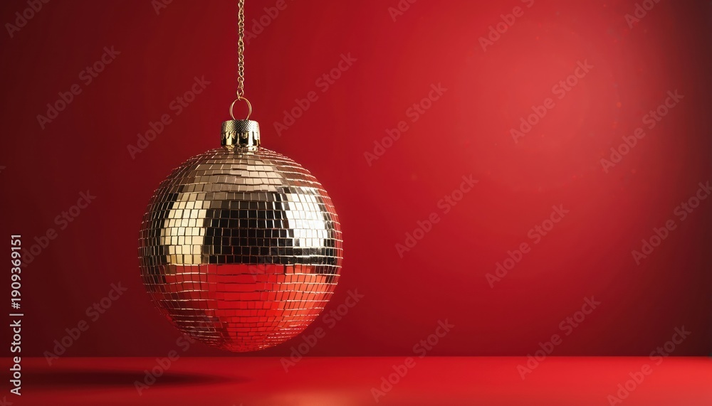 Obraz premium Gold disco ball ornament hangs against red backdrop. Reflective sphere used for parties and celebrations. Festive mood, bright shiny object.