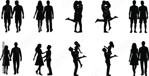 Couples Silhouette Love Romance Relationship People Together Walking Hugging Kissing Holdinghand Connection Affection Dating Emotion Passion Intimacy Bond Couple Vector Illustration Black