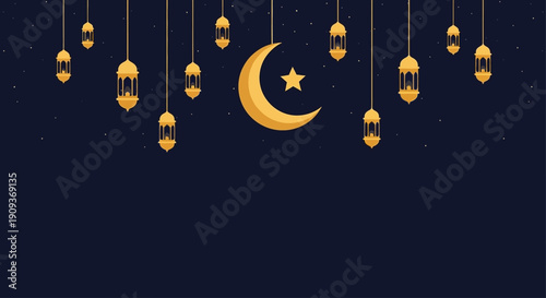 Ramadan Night Flat Background with Hanging Lanterns and Text Space