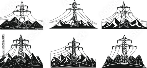 High voltage electricity transmission pylon tower set with mountain landscape silhouettes, industrial energy infrastructure, electrical power grid line art icons,