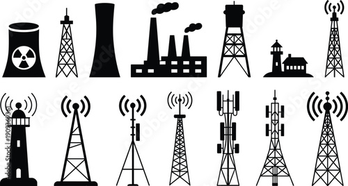 Industrial infrastructure silhouette set, power plant factory buildings, oil rig tower, lighthouse and communication antenna icons, energy and telecommunication industry vector collection