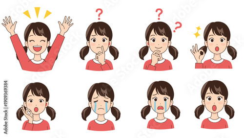 Grid of eight character portraits shows a young girl with pigtails expressing various emotions like joy, sadness, and surprise.
