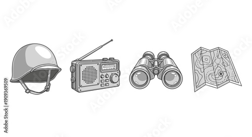 Vintage Exploration Gear: Helmet, Radio, Binoculars, Map - Adventure Icons