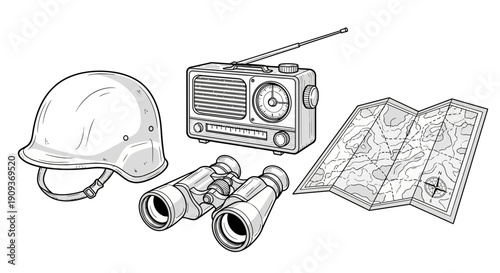 Vintage Exploration Gear: Helmet, Binoculars, Radio, and Map