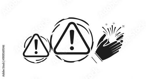 Warning Signs and Applause Icons: Danger Alert and Positive Feedback Concept