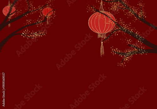 Chinese New Year 2026 festive red background with traditional Chinese lanterns, blooming plum blossom branches, and elegant golden text. Symbol of luck, prosperity, wealth, and new beginnings for Luna