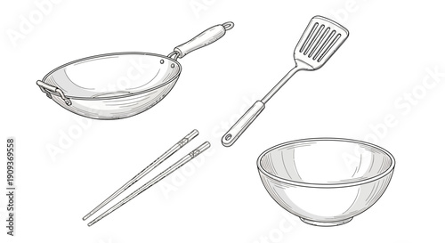 Wok, Spatula, Chopsticks, Bowl: Asian Cooking Utensils Set, Hand-Drawn Illustration