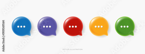Set of colorful 3D speech bubble icons with ellipsis dots. Minimal chat message notification symbols for social media, online communication, and UI design. vector illustration on white background.