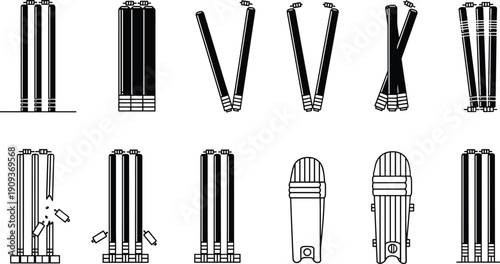 Cricket, Stumps, Bails, Wicket, Equipment, Sport, Game, Match, Field, Play, Umpire, Batting, Bowling, Silhouette, Vector, Illustration, Set, Icon, Black, White