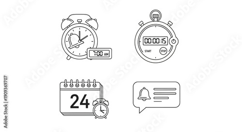 Time Management Icons: Alarm Clock, Stopwatch, Calendar, Notification Bell