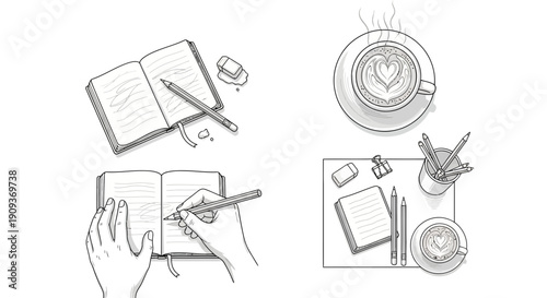 Top View: Creative Workspace with Notebook, Coffee, and Writing Tools