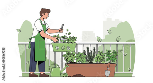 Man tending balcony garden with herbs and vegetables, urban gardening concept
