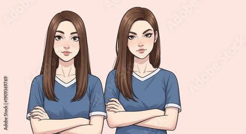 Two identical young women with crossed arms, looking serious, digital art