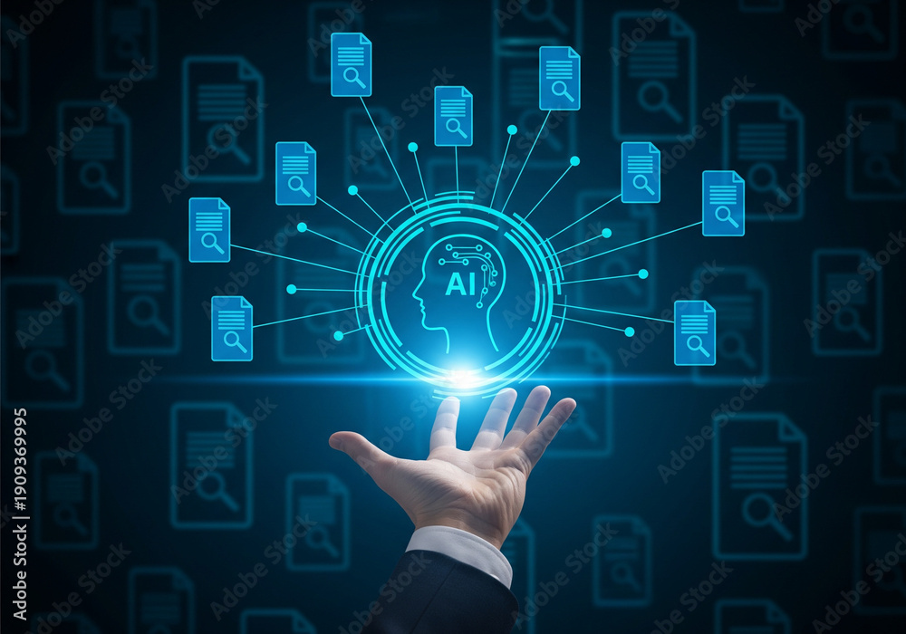 Naklejka premium artificial intelligence technology for data analysis and document processing with advanced search functionality and automated file management for business intelligence and machine learning application