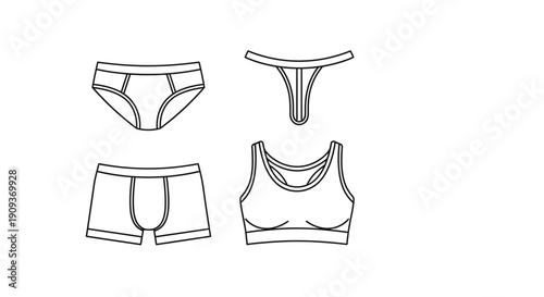 Underwear Fashion Flat Lay: Briefs, Thong, Boxer, Sports Bra - Line Art