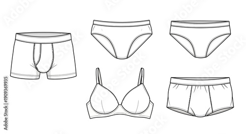 Underwear Fashion Flat Sketch Collection: Bra, Boxer Briefs, Briefs, Bikini