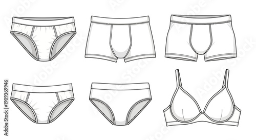 Underwear Fashion Flat Sketch Collection: Briefs, Boxer Briefs, and Bra Designs