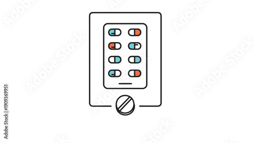 Medical illustration shows a blister pack containing several colorful capsules alongside a single round white pill for health.