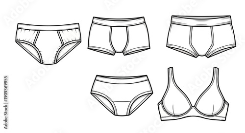 Underwear Fashion Flat Sketch Set: Bra, Briefs, Boxer Briefs, Hipster
