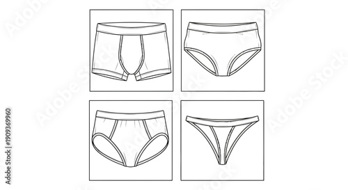 Underwear Fashion Flat Sketches: Boxer Briefs, Briefs, and Thong Styles