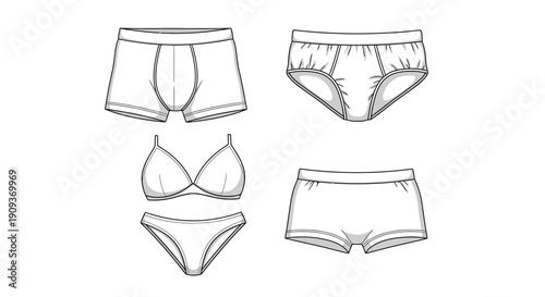 Underwear Fashion Flat Sketches: Boxer Briefs, Briefs, Bra, and Bikini Bottoms