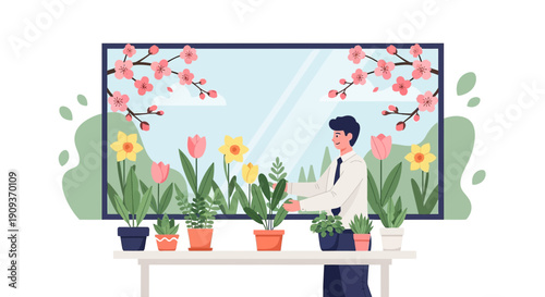 Man tending potted plants and flowers by window, spring blossom, gardening illustration