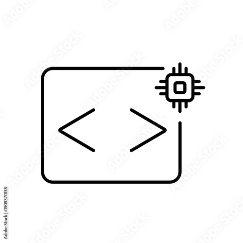 A vector icon showing code brackets with an AI chip, representing AI-based code explanation or documentation, created in line style with editable stroke