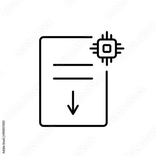 A vector icon with a document and downward arrow alongside AI chip, representing smart content summarization, created in line style with editable stroke