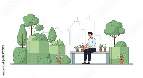 Man tending potted plants in urban rooftop garden with city skyline