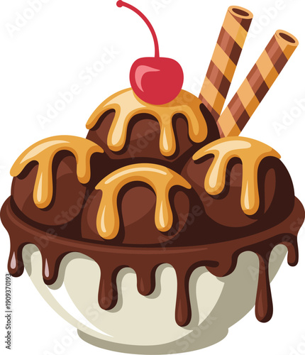 Chocolate fudge sundae with caramel drizzle with cherry food vector on white background.