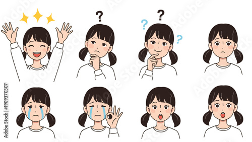 Diverse facial expressions of a young girl with pigtails are shown in a grid including happiness, confusion, and sadness.