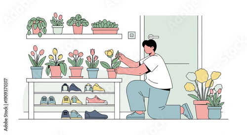 Man Tending to Potted Plants Indoors, Home Gardening Scene