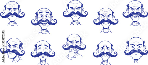 Character expression sheet of a bald man with a large mustache, featuring ten facial emotions in a blue line art style.
