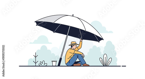 Man Under Umbrella Outdoors, Minimalist Illustration, Nature Background