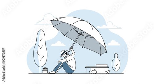 Man Under Umbrella in Park, Summer Heat Protection, Minimalist Illustration