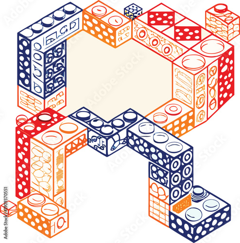 A vibrant arrangement of colorful toy building blocks forms the letter R against a clean white background. The blocks, in various primary and secondary colors like orange, blue, green, yellow, red, an