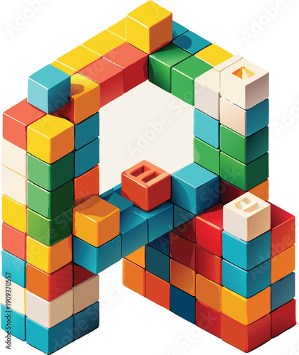 A vibrant arrangement of colorful toy building blocks forms the letter R against a clean white background. The blocks, in various primary and secondary colors like orange, blue, green, yellow, red, an