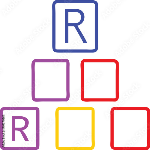 A vibrant arrangement of colorful toy building blocks forms the letter R against a clean white background. The blocks, in various primary and secondary colors like orange, blue, green, yellow, red, an