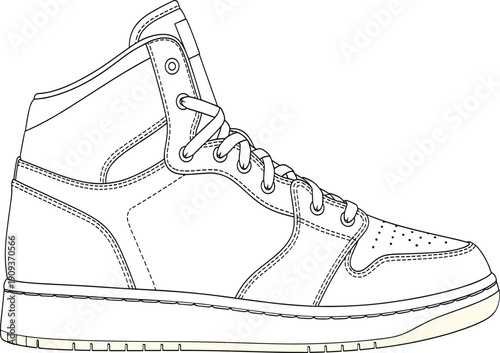 High-top sneaker technical drawing, fashion flat sketch, vector illustration, footwear design template, basketball shoe outline, side view, street style, white background.