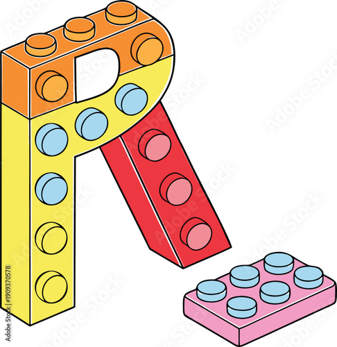 A vibrant arrangement of colorful toy building blocks forms the letter R against a clean white background. The blocks, in various primary and secondary colors like orange, blue, green, yellow, red, an