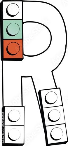 A vibrant arrangement of colorful toy building blocks forms the letter R against a clean white background. The blocks, in various primary and secondary colors like orange, blue, green, yellow, red, an